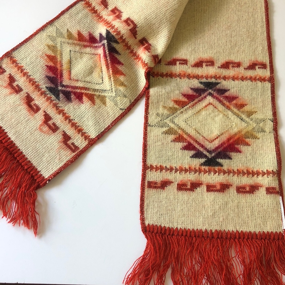 Vintage Southwestern Woven Fringe Scarf Rust 72” x 7.5” Boho Geometric - Picture 5 of 6